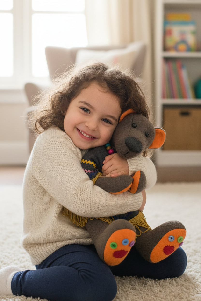 Handmade textile dark brown bear with a poncho and a wooden bead necklace